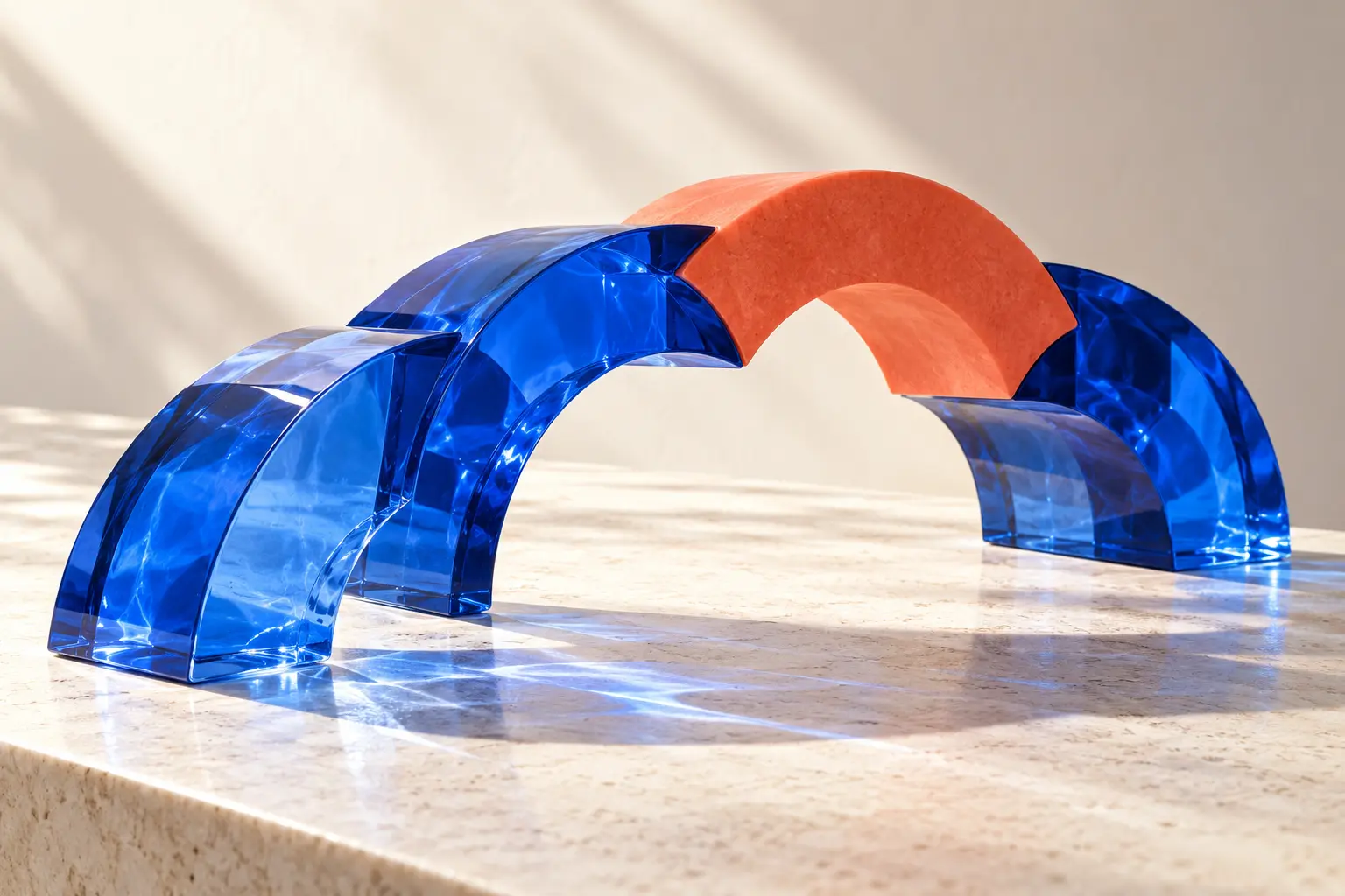 Blue glass and coral forms joined into a single sculptural bridge